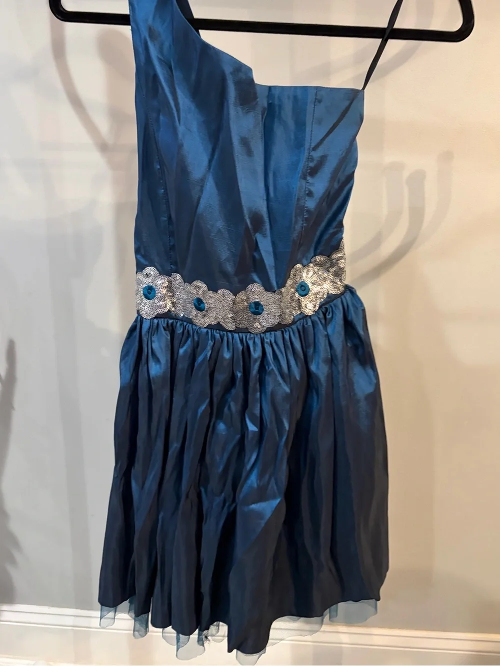 Girls' One-Shoulder Blue Formal Dress with Embellished Waist 10-14